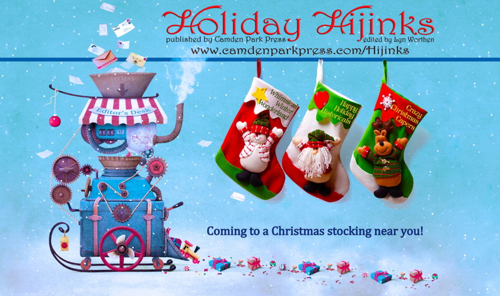 Holiday Hijinks train with stockings banner